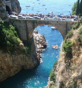 The arched bridge and the fjord at Fiordo di Furore on the Amalfi coast, Italy. 