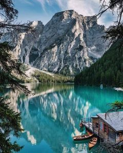 Braies Lake in Dolomites mountains, Seekofel in background, Sudtirol, Italy