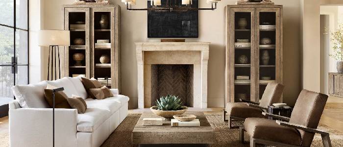 Beautiful living room interior with hardwood floors and fireplace in new luxury home